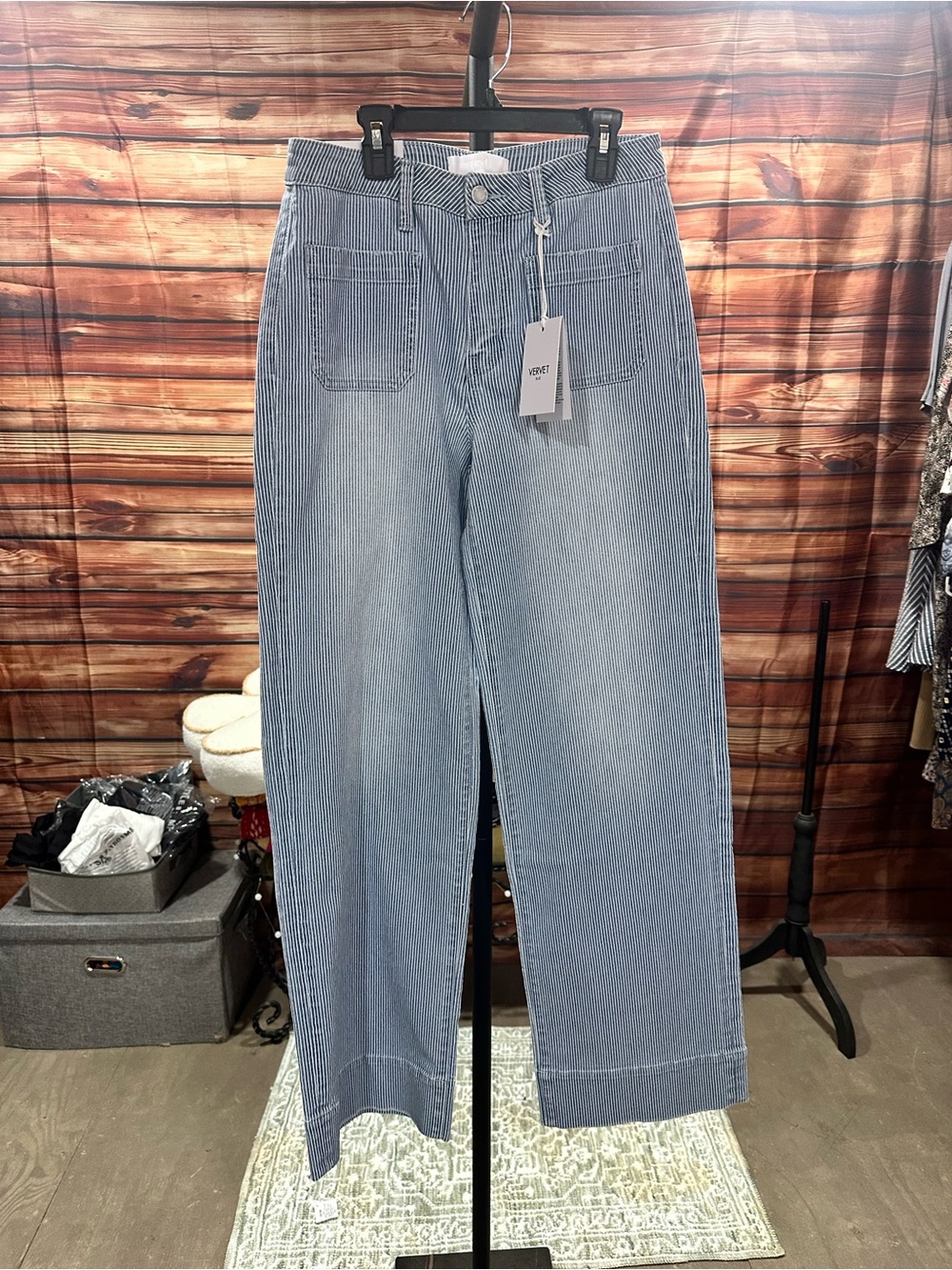 OLIVIA Wide Leg Pinstripe Jeans‎ in Blue & White
